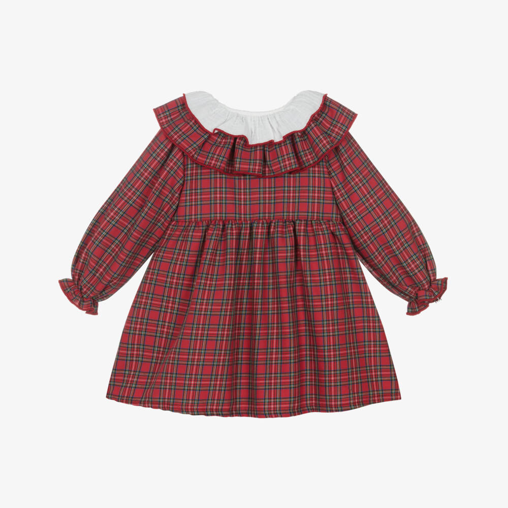 Babidu-Girls Red Tartan Cotton Dress with Ruffle Collar | Childrensalon