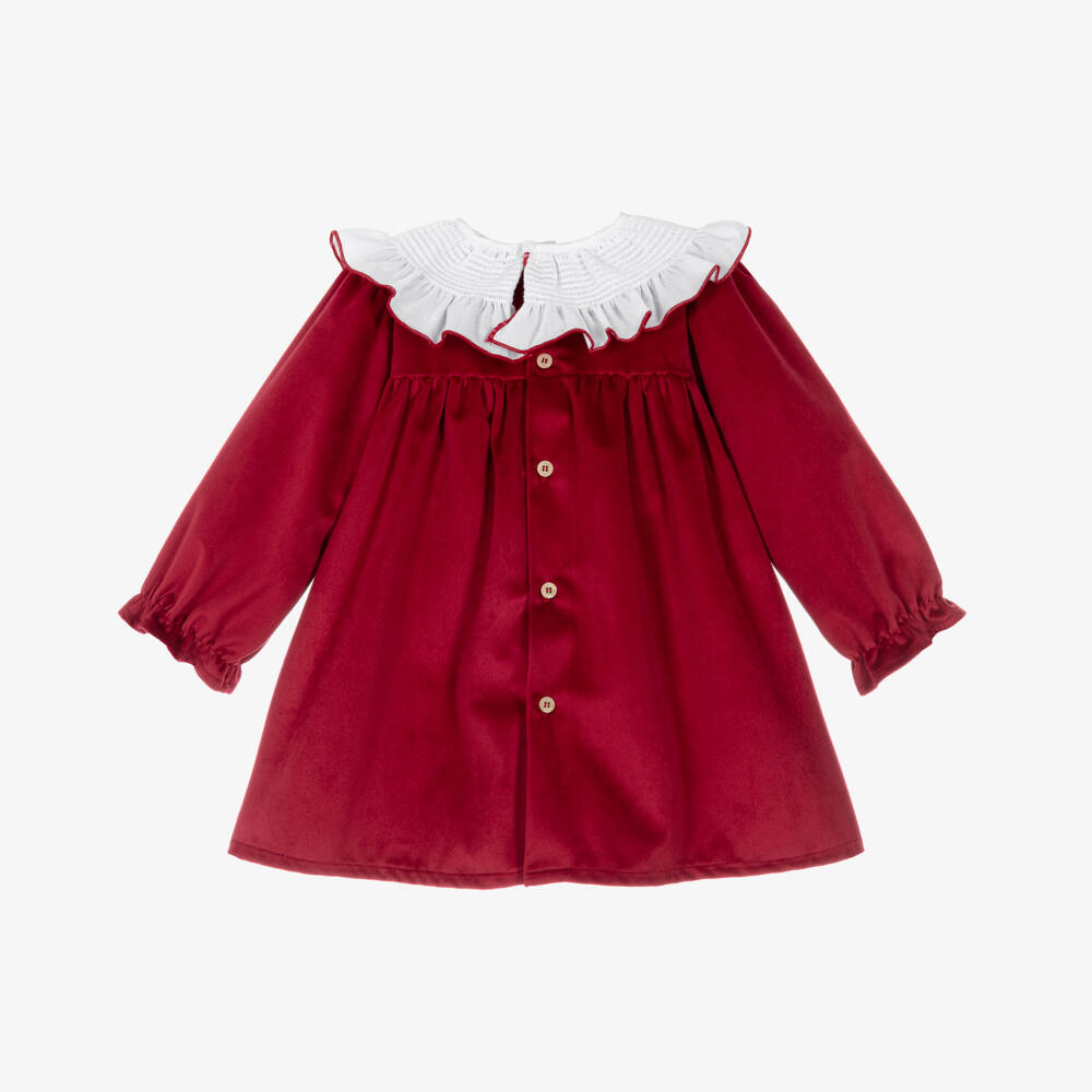 Babidu-Girls Red Velvet Dress with White Ruffle Collar | Childrensalon
