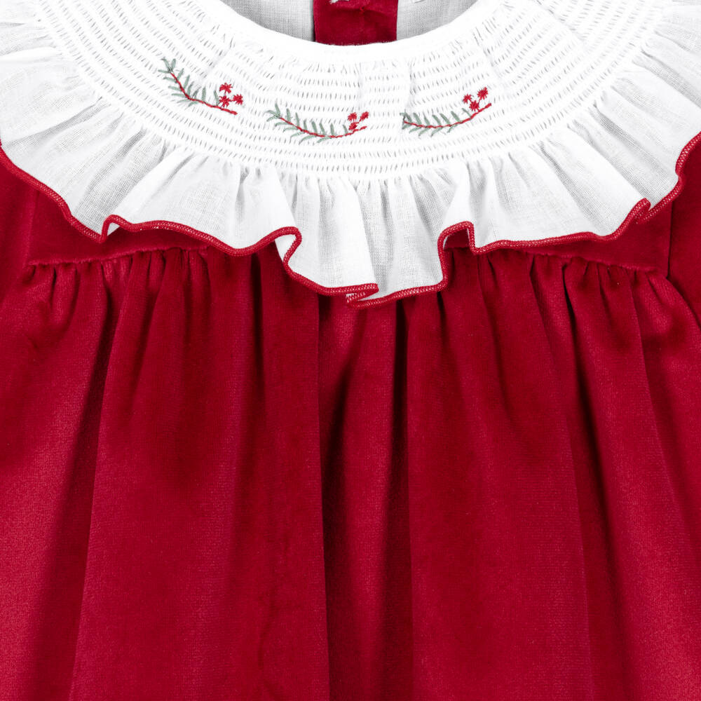 Babidu-Girls Red Velvet Dress with White Ruffle Collar | Childrensalon