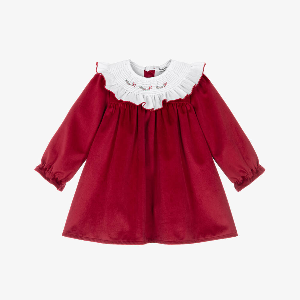 Babidu-Girls Red Velvet Dress with White Ruffle Collar | Childrensalon