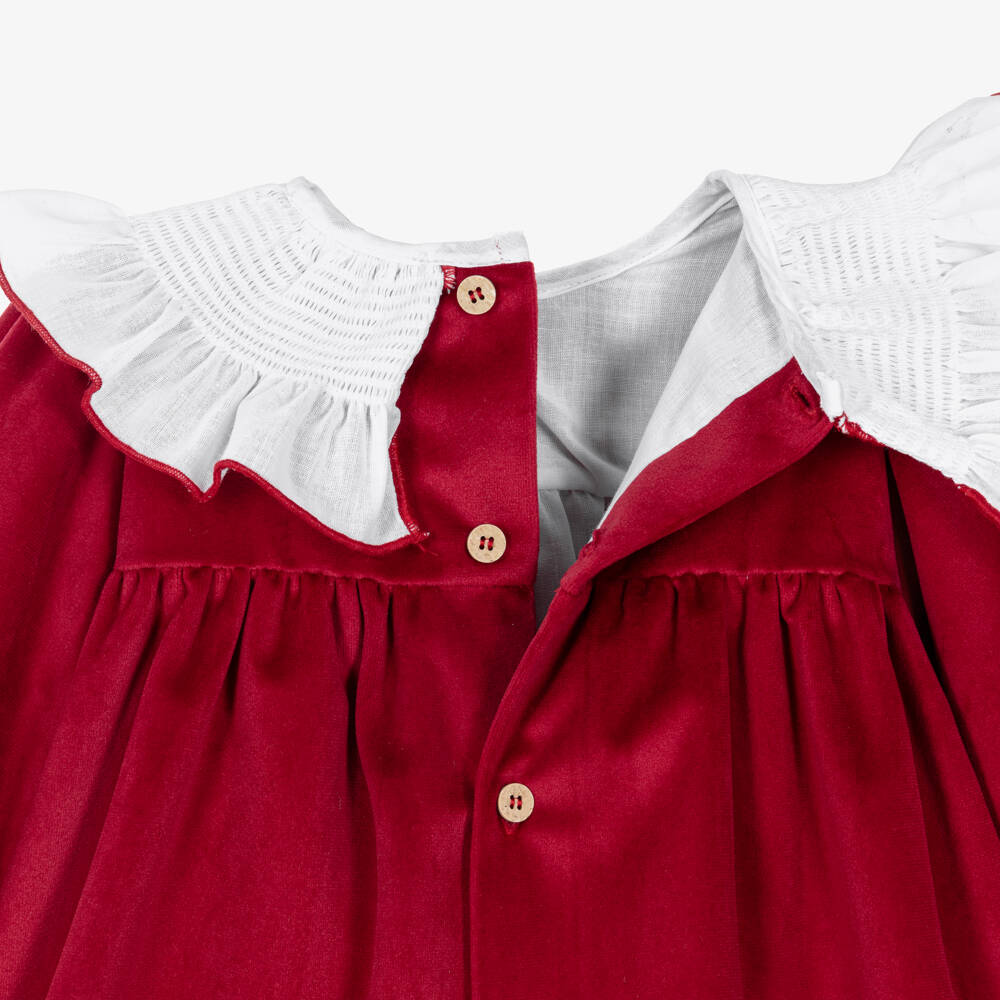 Babidu-Girls Red Velvet Dress with White Ruffle Collar | Childrensalon