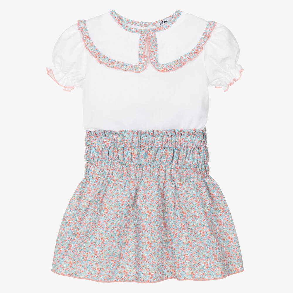 Babidu-Girls White & Blue Floral Cotton Skirt Set | Childrensalon