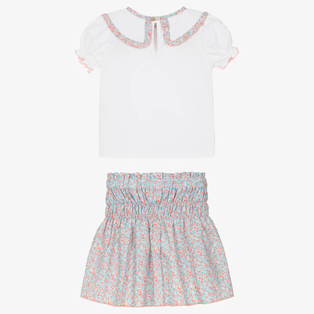 Babidu-Girls White & Blue Floral Cotton Skirt Set | Childrensalon