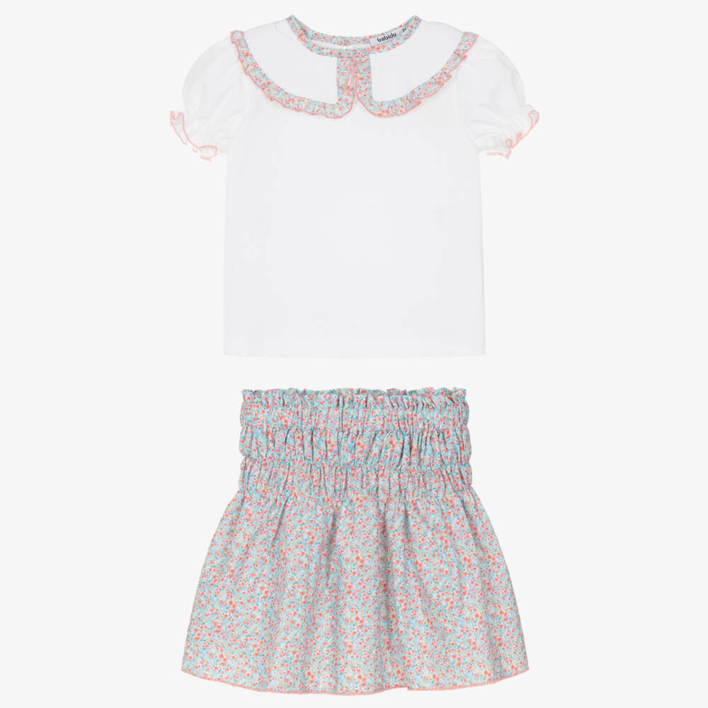 Babidu-Girls White & Blue Floral Cotton Skirt Set | Childrensalon
