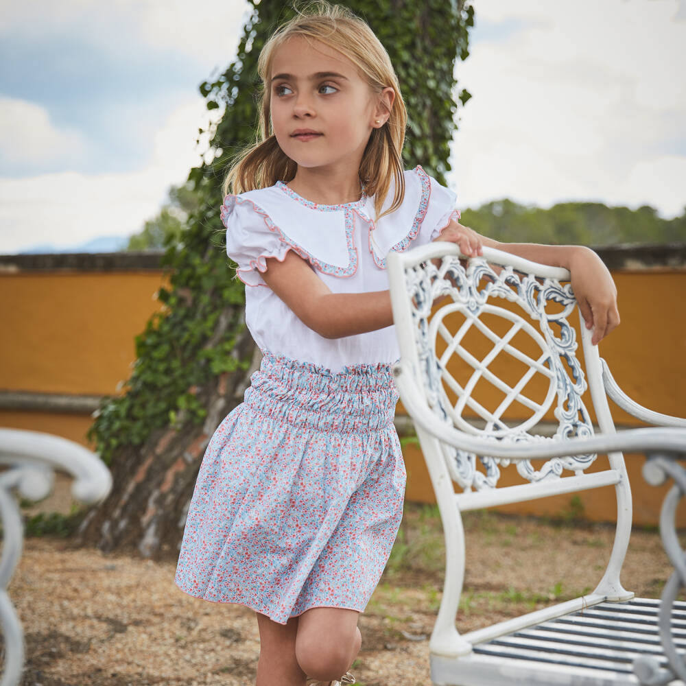 Babidu-Girls White & Blue Floral Cotton Skirt Set | Childrensalon