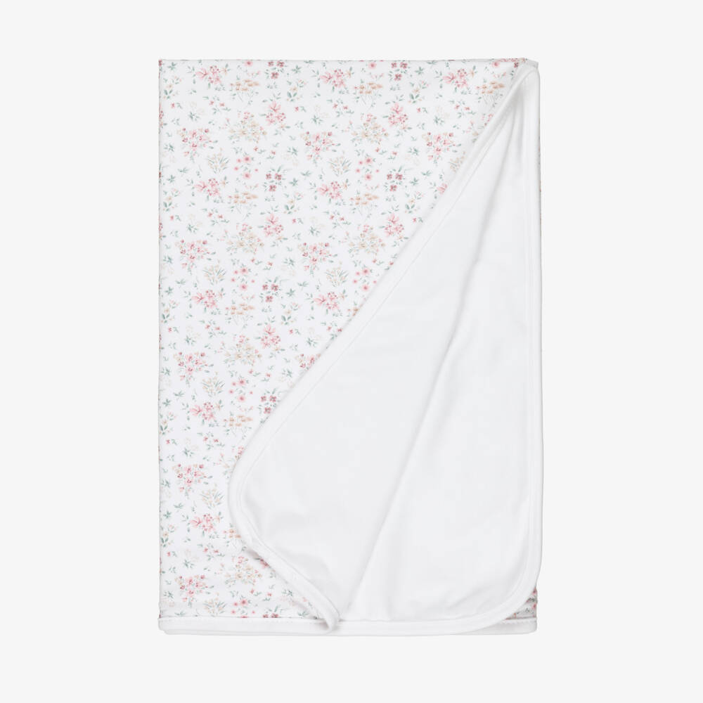 Babidu-Girls White Cotton Blanket with Pink Floral Print (78cm) | Childrensalon