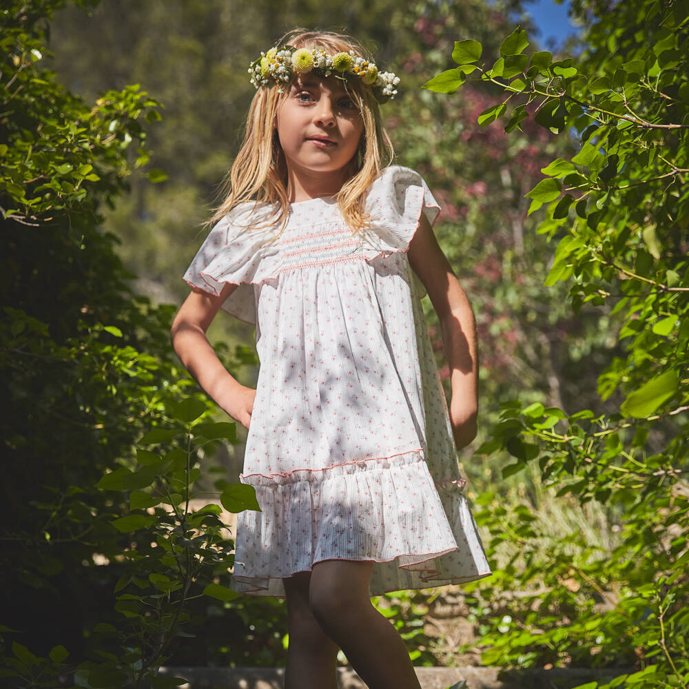 Babidu-Платье белое из хлопка с розовым цветочным принтом для девочек | Childrensalon