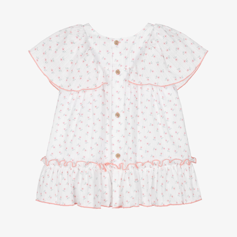 Babidu-Girls White Cotton Dress with Pink Floral Print | Childrensalon