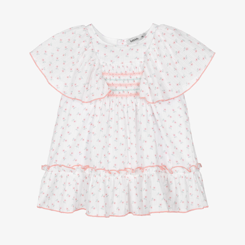 Babidu-Girls White Cotton Dress with Pink Floral Print | Childrensalon