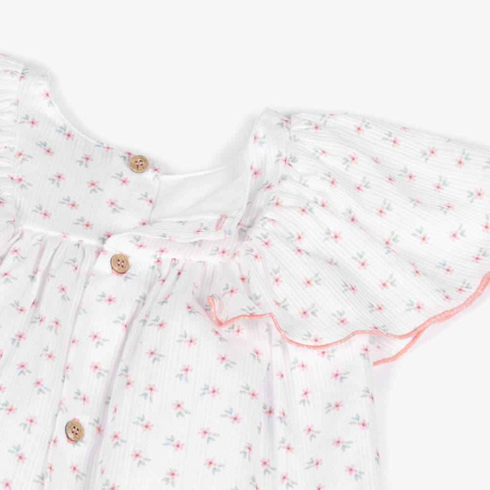 Babidu-Girls White Cotton Dress with Pink Floral Print | Childrensalon