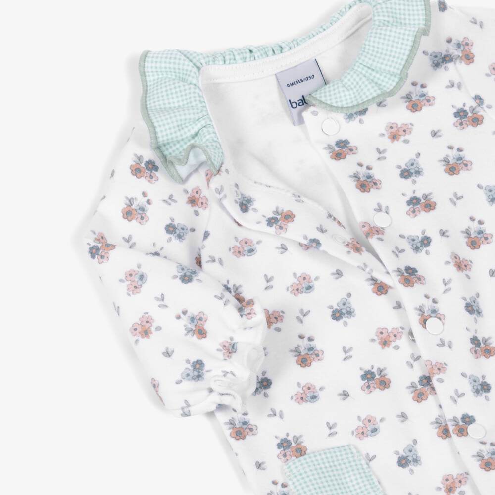 Babidu-Girls White Cotton Floral Babygrow with Green Gingham Trims | Childrensalon