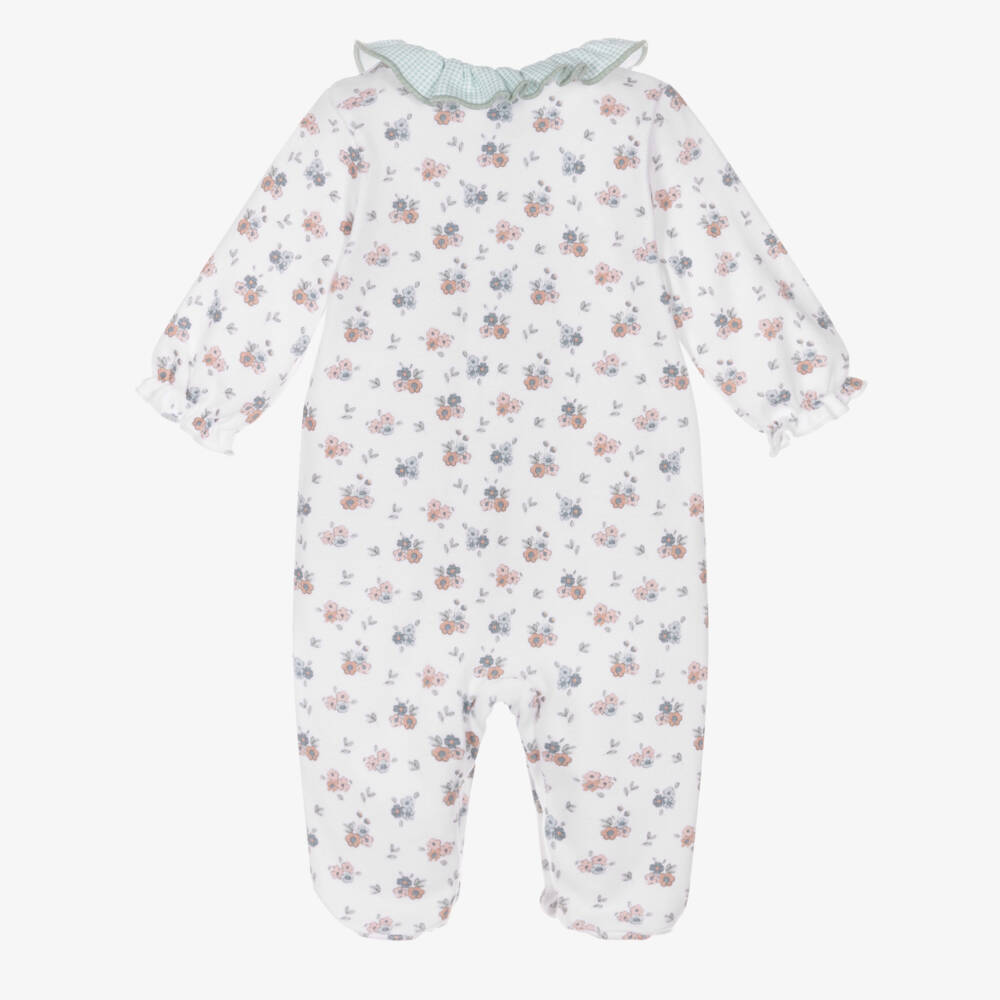 Babidu-Girls White Cotton Floral Babygrow with Green Gingham Trims | Childrensalon
