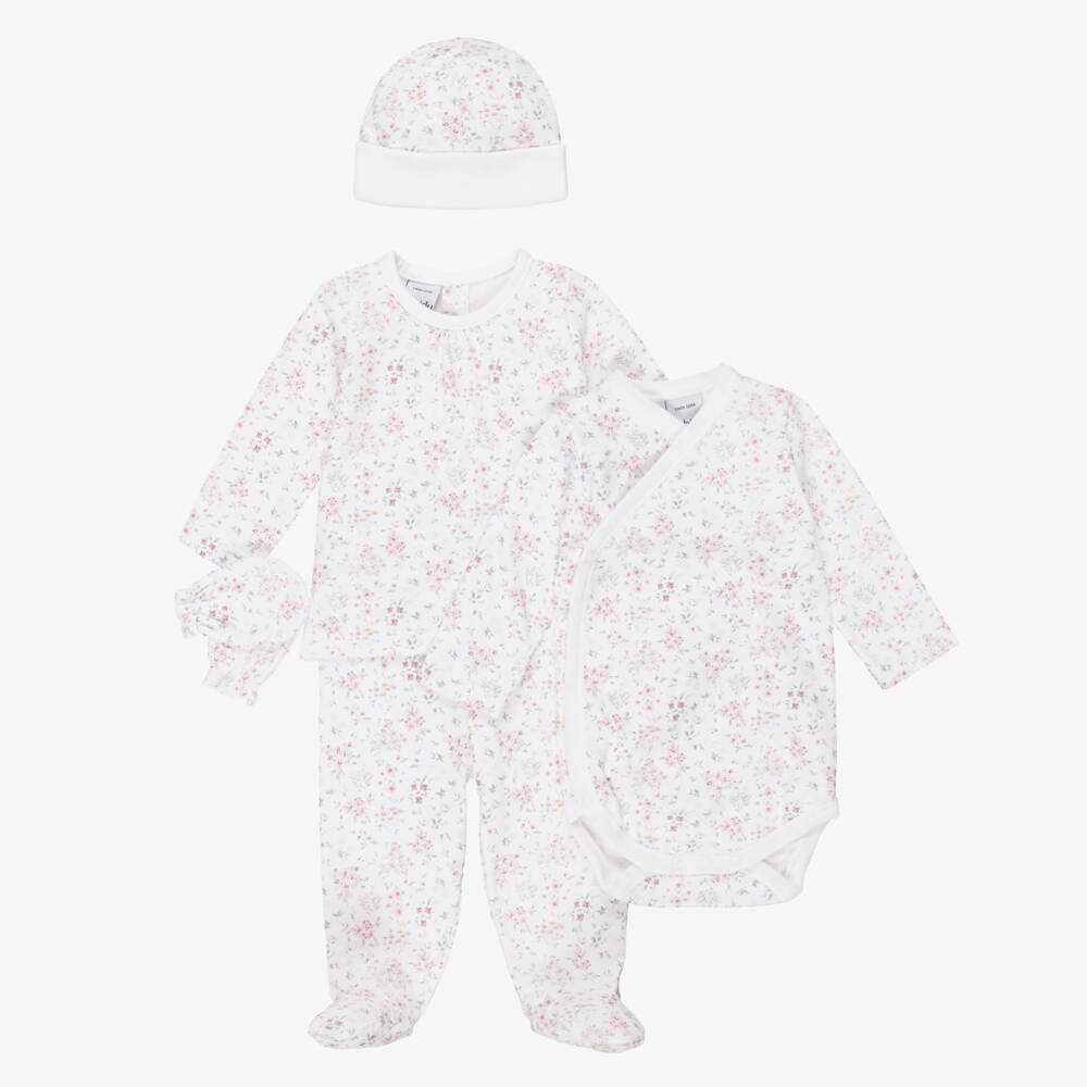 Babidu-Girls White Cotton Floral Babysuit Set | Childrensalon