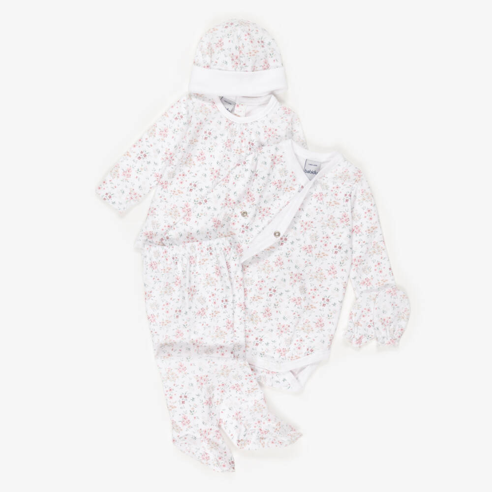 Babidu-Girls White Cotton Floral Babysuit Set | Childrensalon