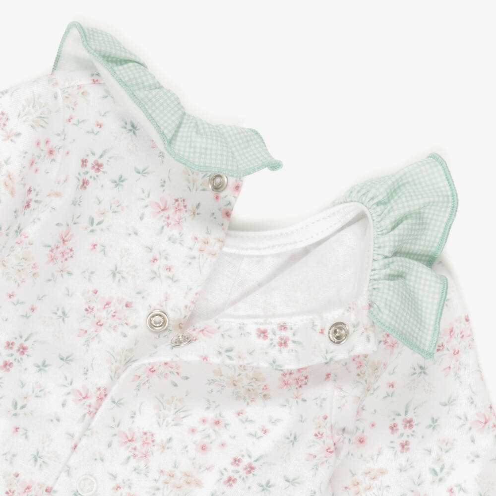 Babidu-Girls White Cotton Floral Print Babygrow with Gingham Collar | Childrensalon