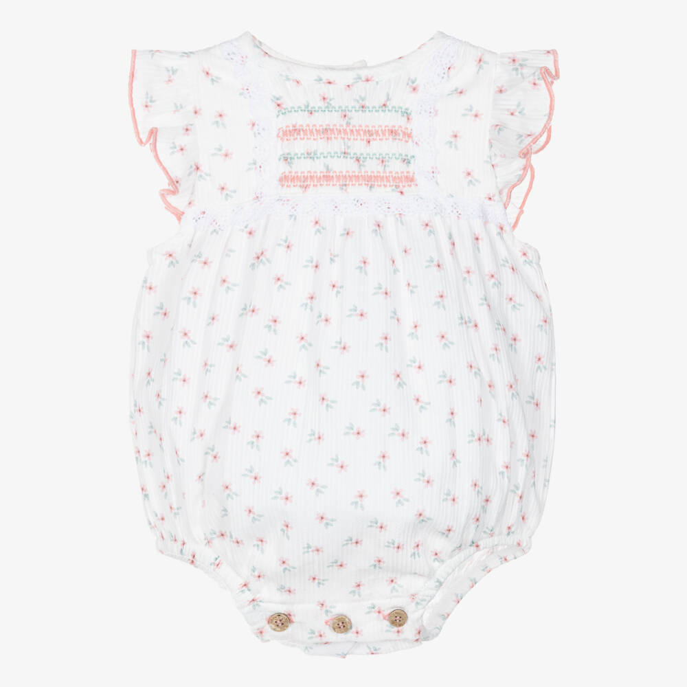 Babidu-Girls White Cotton Shortie with Pink Floral Print | Childrensalon