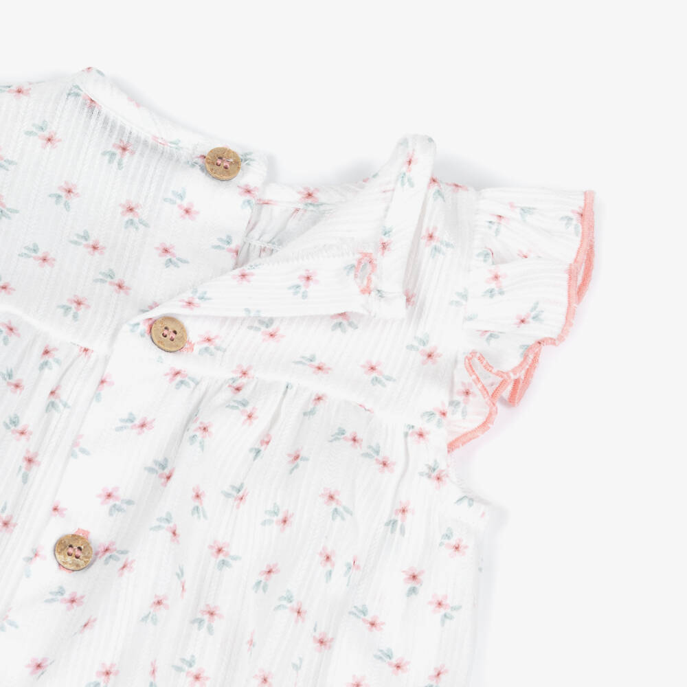 Babidu-Girls White Cotton Shortie with Pink Floral Print | Childrensalon