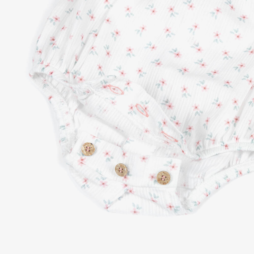 Babidu-Girls White Cotton Shortie with Pink Floral Print | Childrensalon