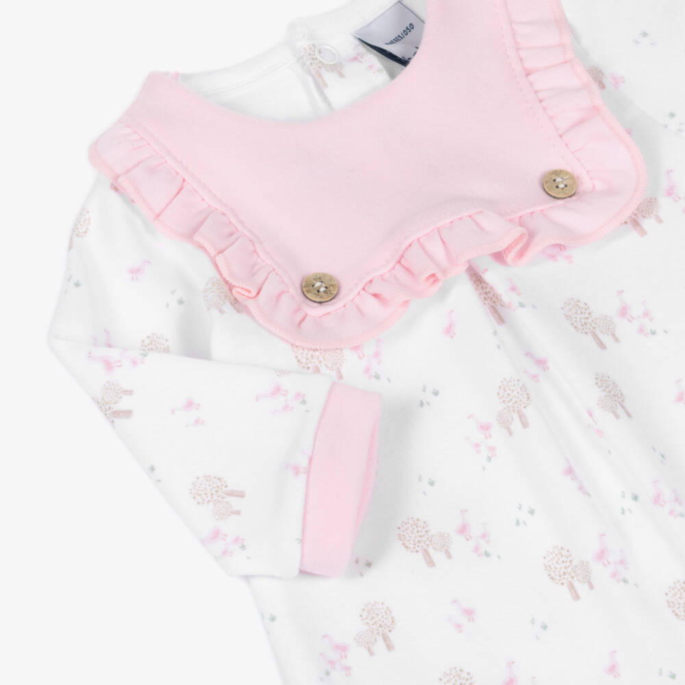 Babidu-Girls White & Pink Cotton Babygrow with Tree & Duck Print | Childrensalon