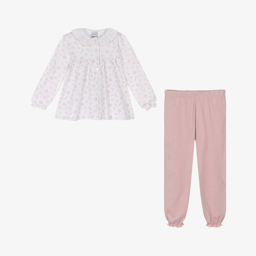 Babidu-بيجاما بطبعة حيوانات قطن لون زهري وأبيض للبنات  | Childrensalon