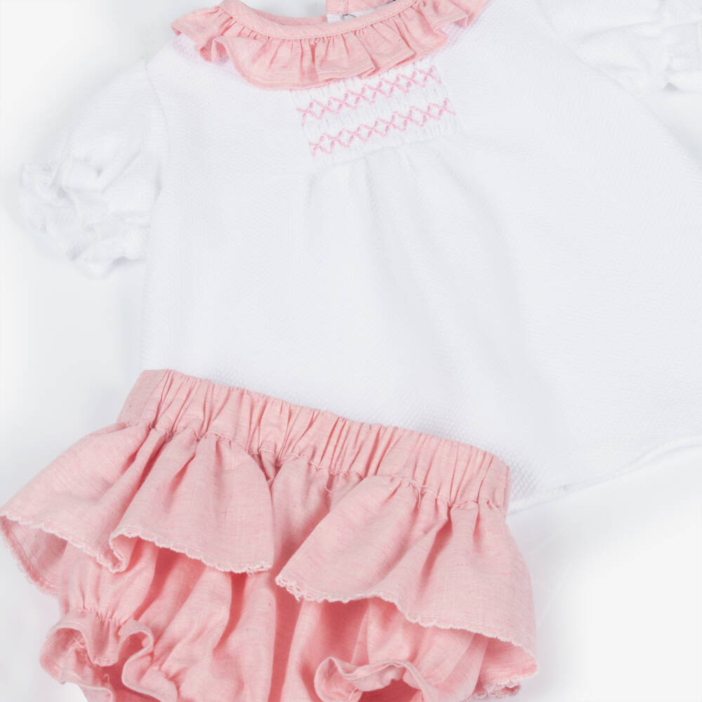 Babidu-Girls White & Pink Cotton Shorts Set with Ruffle Trim | Childrensalon