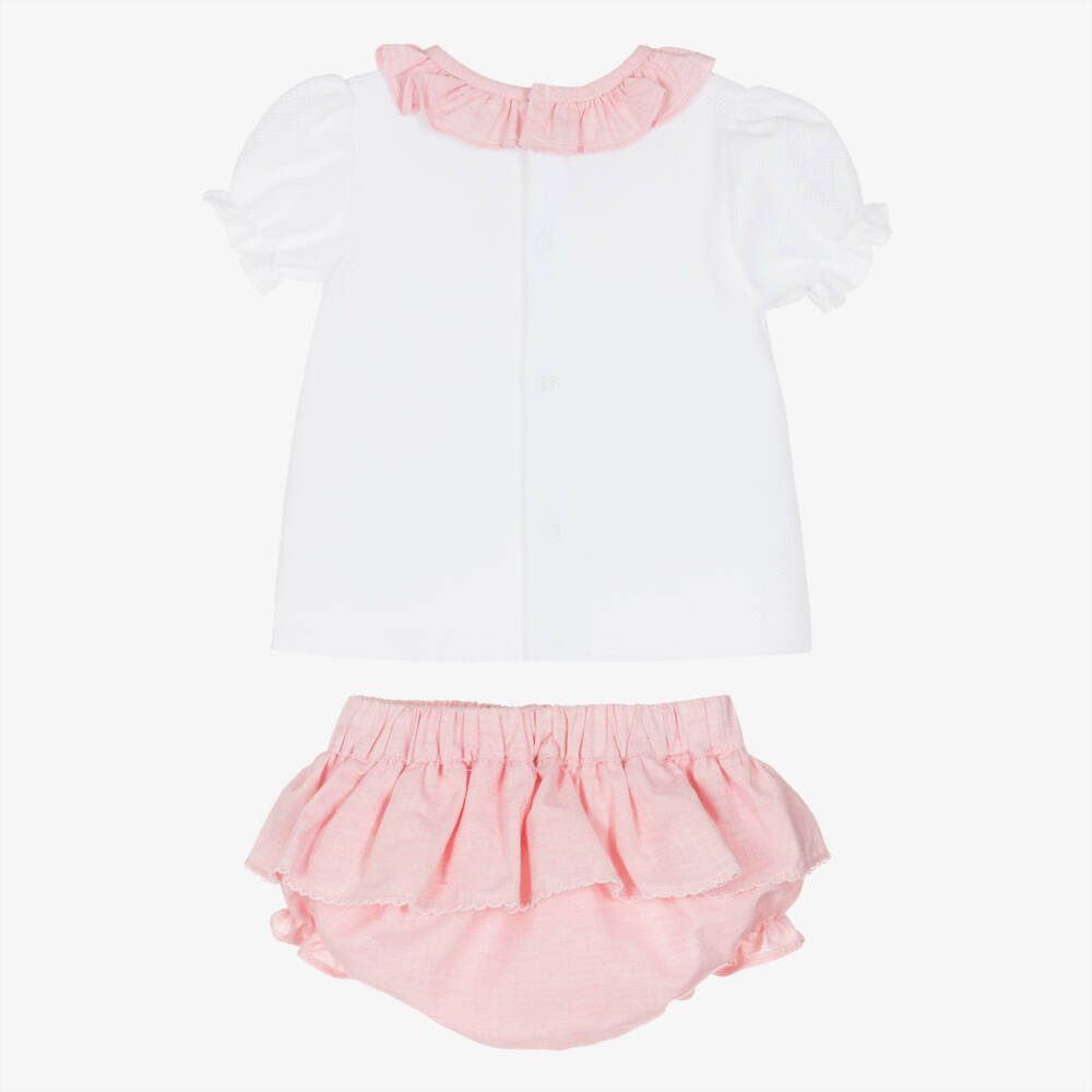 Babidu-Girls White & Pink Cotton Shorts Set with Ruffle Trim | Childrensalon