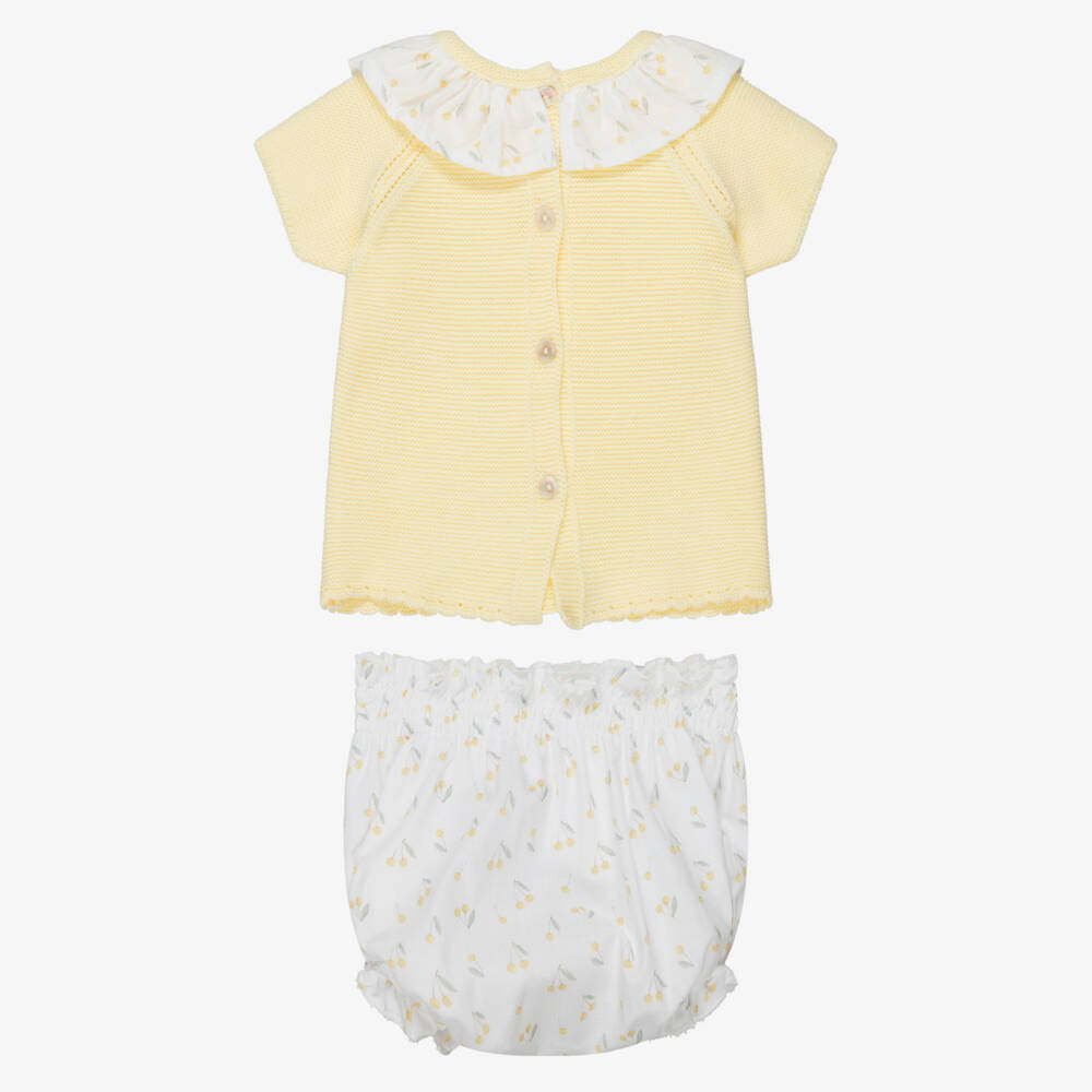 Babidu-Girls Yellow Knitted Top & Cherry Print Shorts Set | Childrensalon