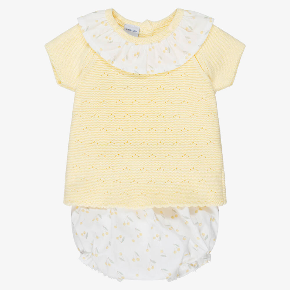 Babidu-Girls Yellow Knitted Top & Cherry Print Shorts Set | Childrensalon