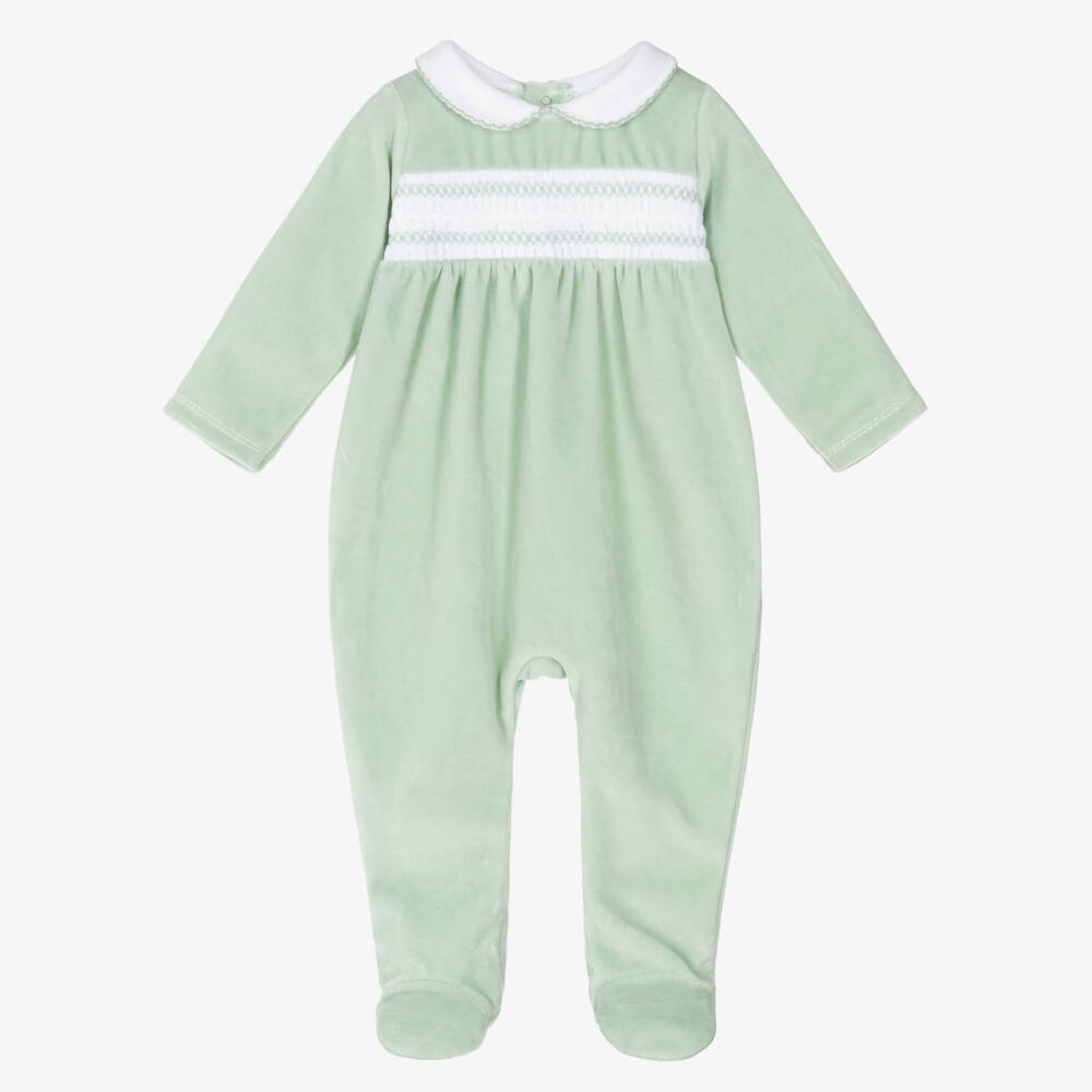 Babidu-Green Cotton Velour Babygrow with Smocked Panel | Childrensalon