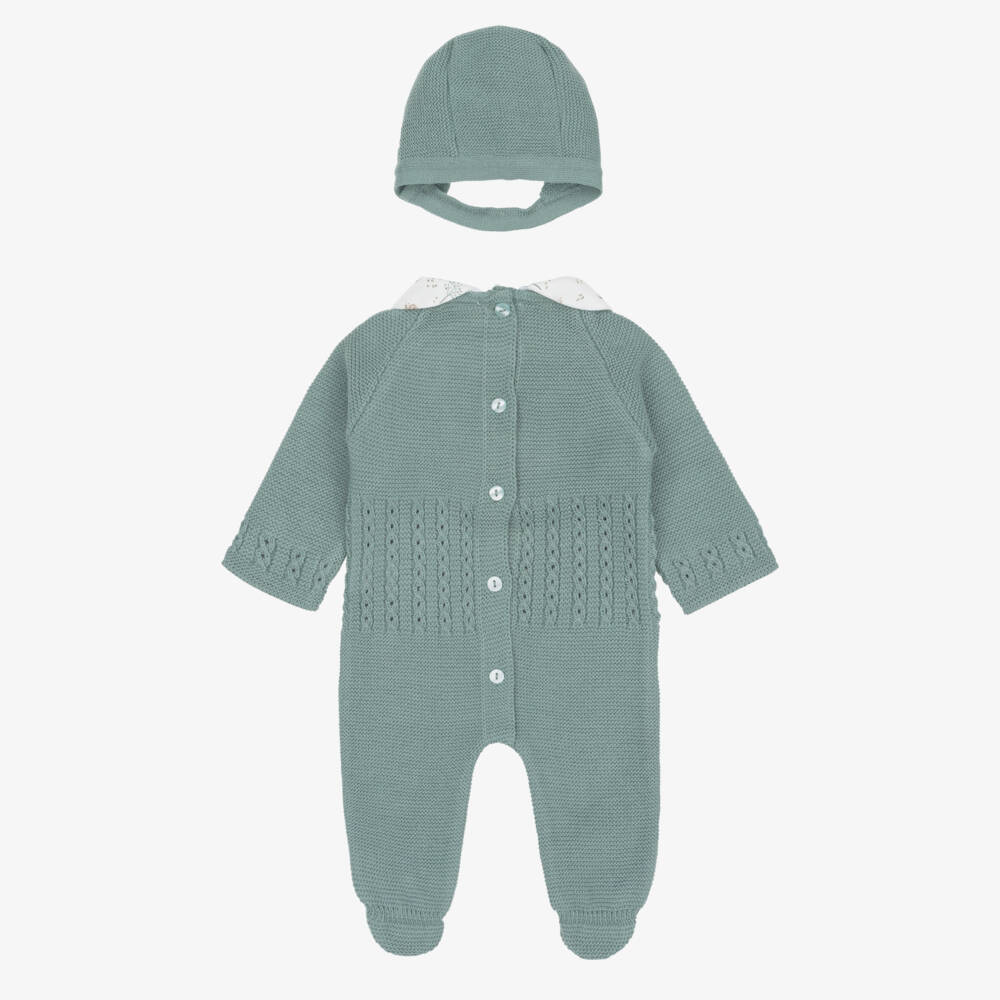 Babidu-Green Knitted Babygrow Set with Printed Collar | Childrensalon