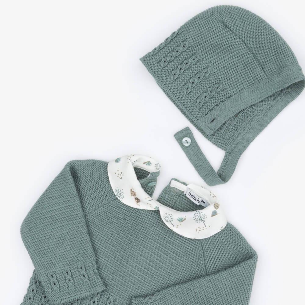 Babidu-Green Knitted Babygrow Set with Printed Collar | Childrensalon