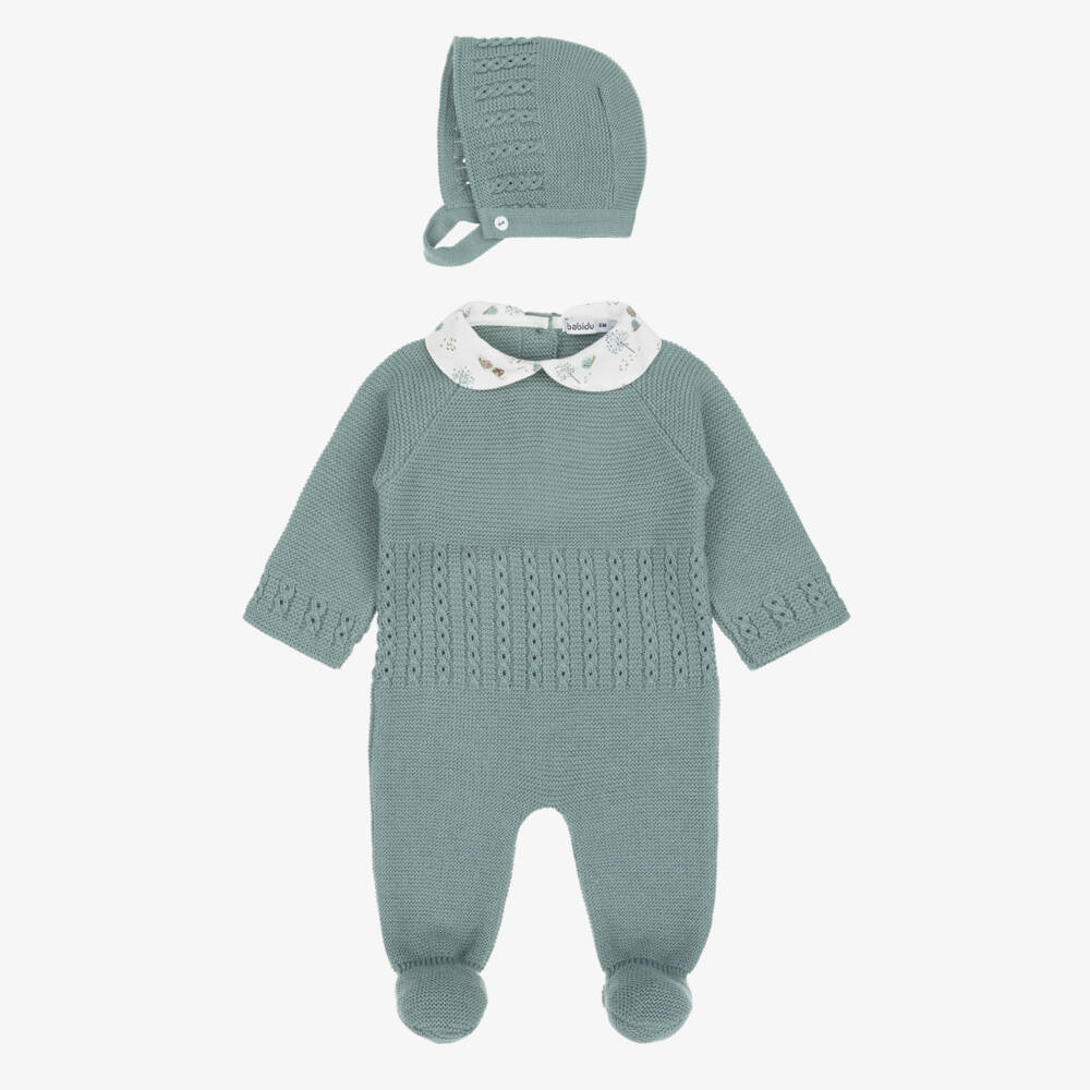 Babidu-Green Knitted Babygrow Set with Printed Collar | Childrensalon