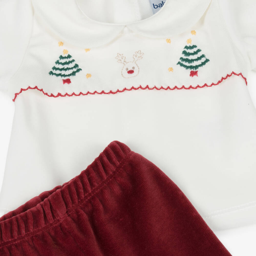 Babidu-Ivory & Burgundy Red Velour Festive 2 Piece Babygrow | Childrensalon