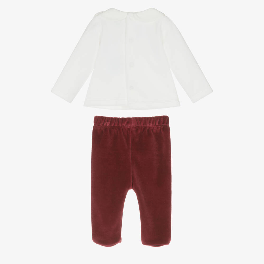 Babidu-Ivory & Burgundy Red Velour Festive 2 Piece Babygrow | Childrensalon