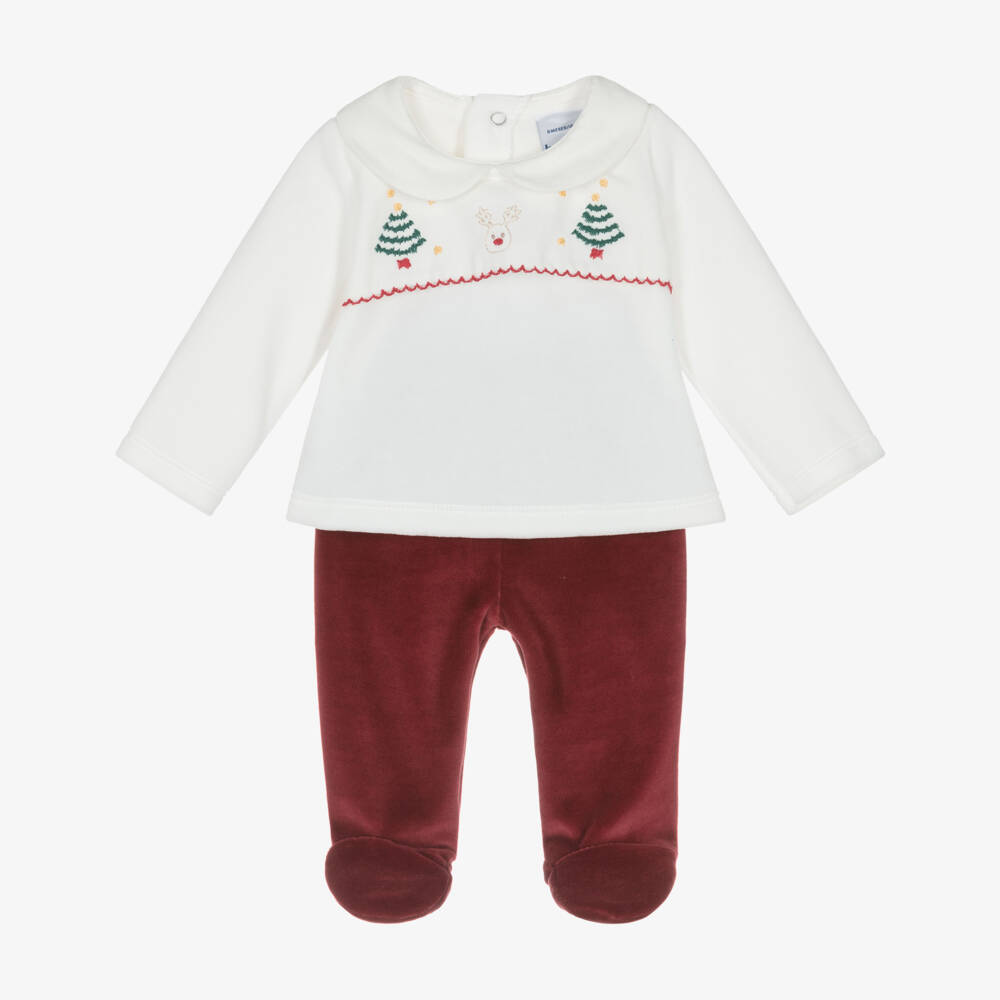 Babidu-Ivory & Burgundy Red Velour Festive 2 Piece Babygrow | Childrensalon