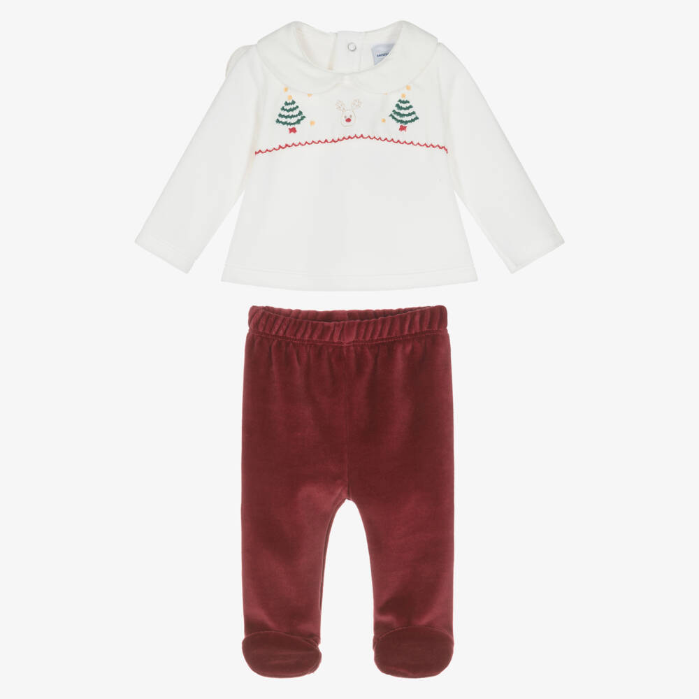 Babidu-Ivory & Burgundy Red Velour Festive 2 Piece Babygrow | Childrensalon
