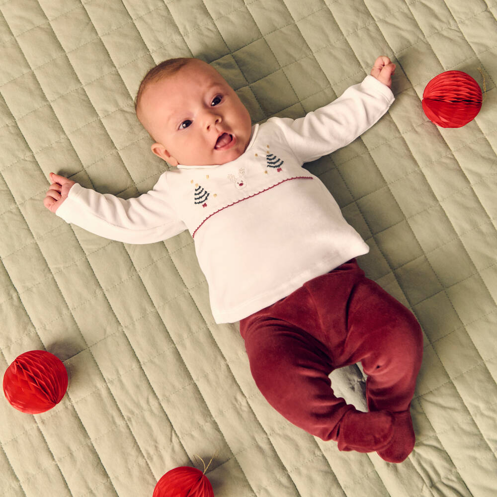 Babidu-Ivory & Burgundy Red Velour Festive 2 Piece Babygrow | Childrensalon