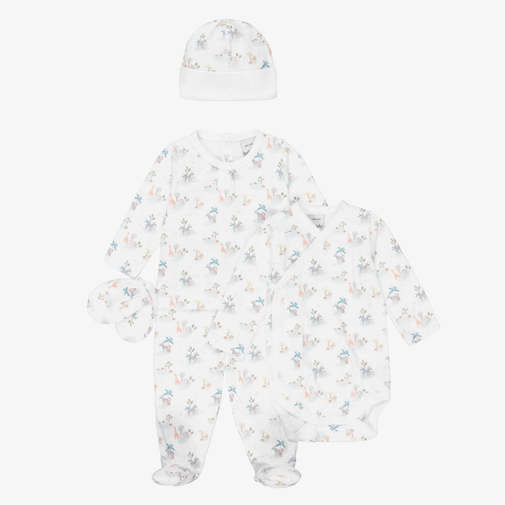 Babidu-Ivory Cotton Safari Print Babysuit Set | Childrensalon