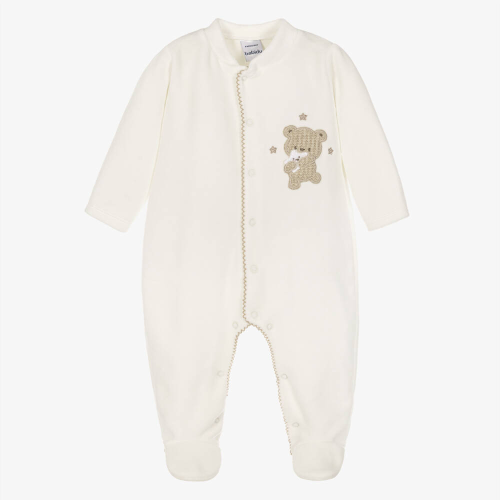 Babidu-Ivory Velour Babygrow with Bear Motif | Childrensalon