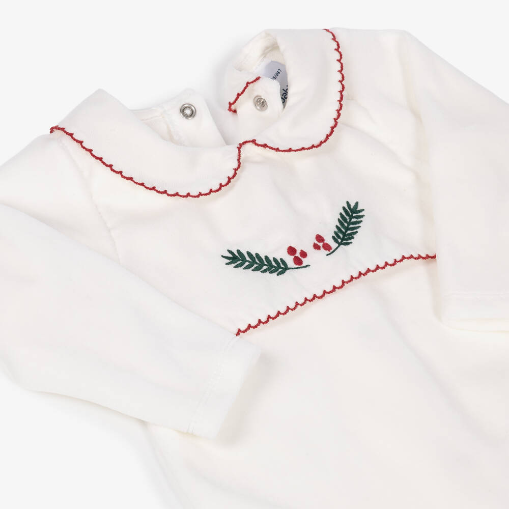 Babidu-Ivory Velour Babygrow with Holly Berries | Childrensalon