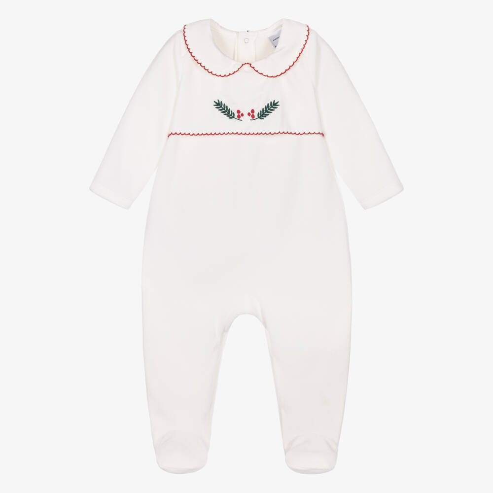 Babidu-Ivory Velour Babygrow with Holly Berries | Childrensalon