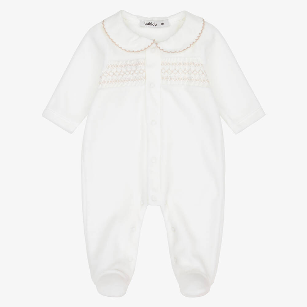 Babidu-Ivory Velour Babygrow with Smocking | Childrensalon