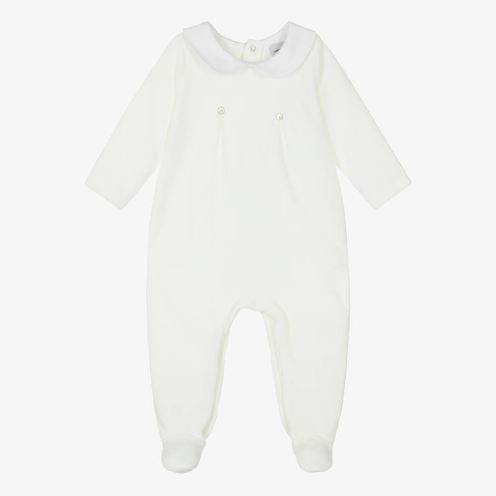 Babidu-Ivory Velour Babygrow with White Collar | Childrensalon