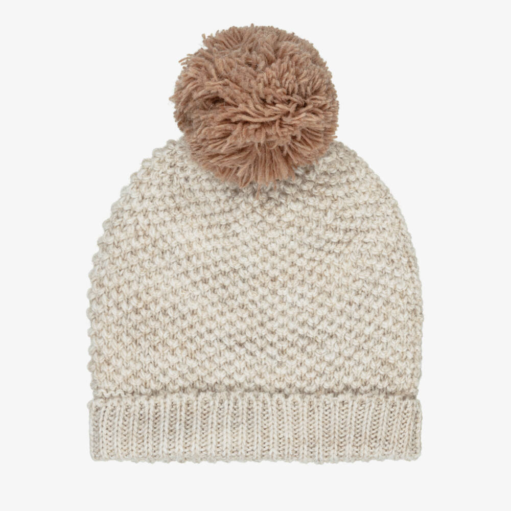 Babidu-Pale Beige Knitted Baby Hat with Pom-Pom | Childrensalon
