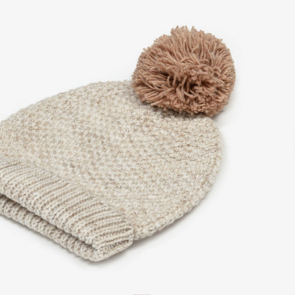 Babidu-Pale Beige Knitted Baby Hat with Pom-Pom | Childrensalon
