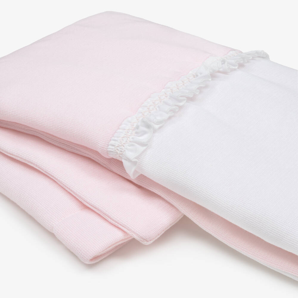Babidu-Pink Cotton Knit Padded Blanket with Smocked Frill (80cm) | Childrensalon
