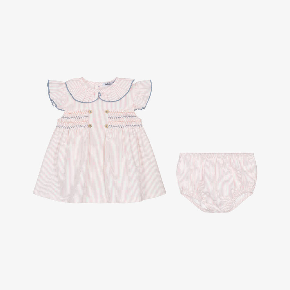 Babidu-Baby Girls Pink Stripe Shirred Cotton Dress | Childrensalon