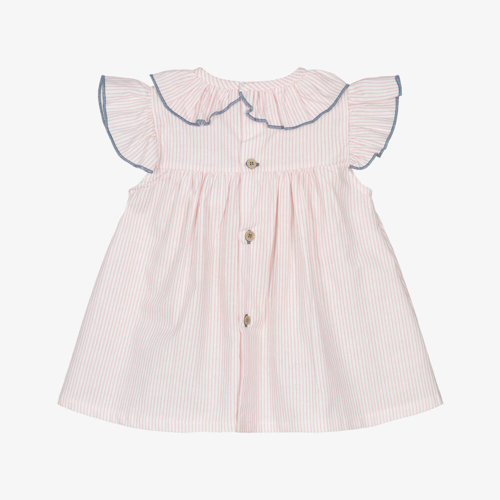 Babidu-Baby Girls Pink Stripe Shirred Cotton Dress | Childrensalon