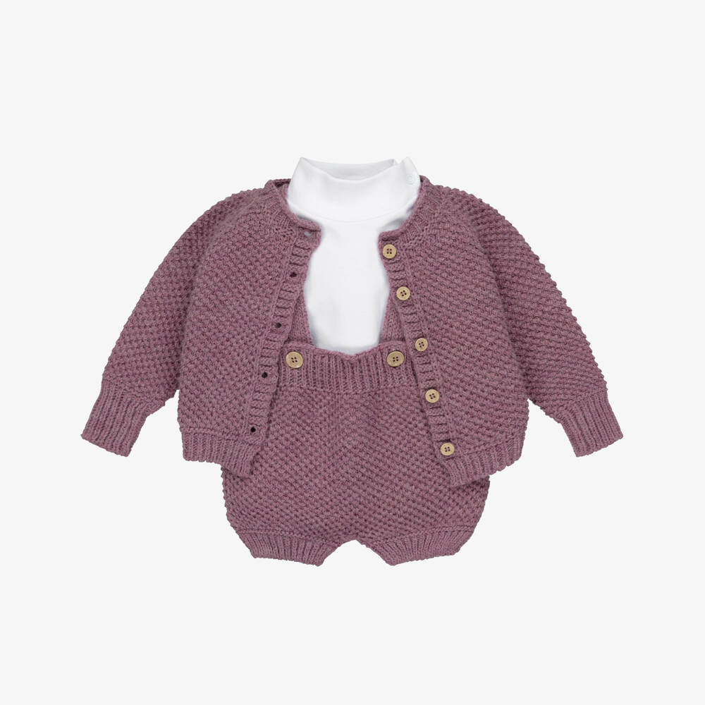 Babidu-Purple Knit Baby Dungaree Shorts Set | Childrensalon