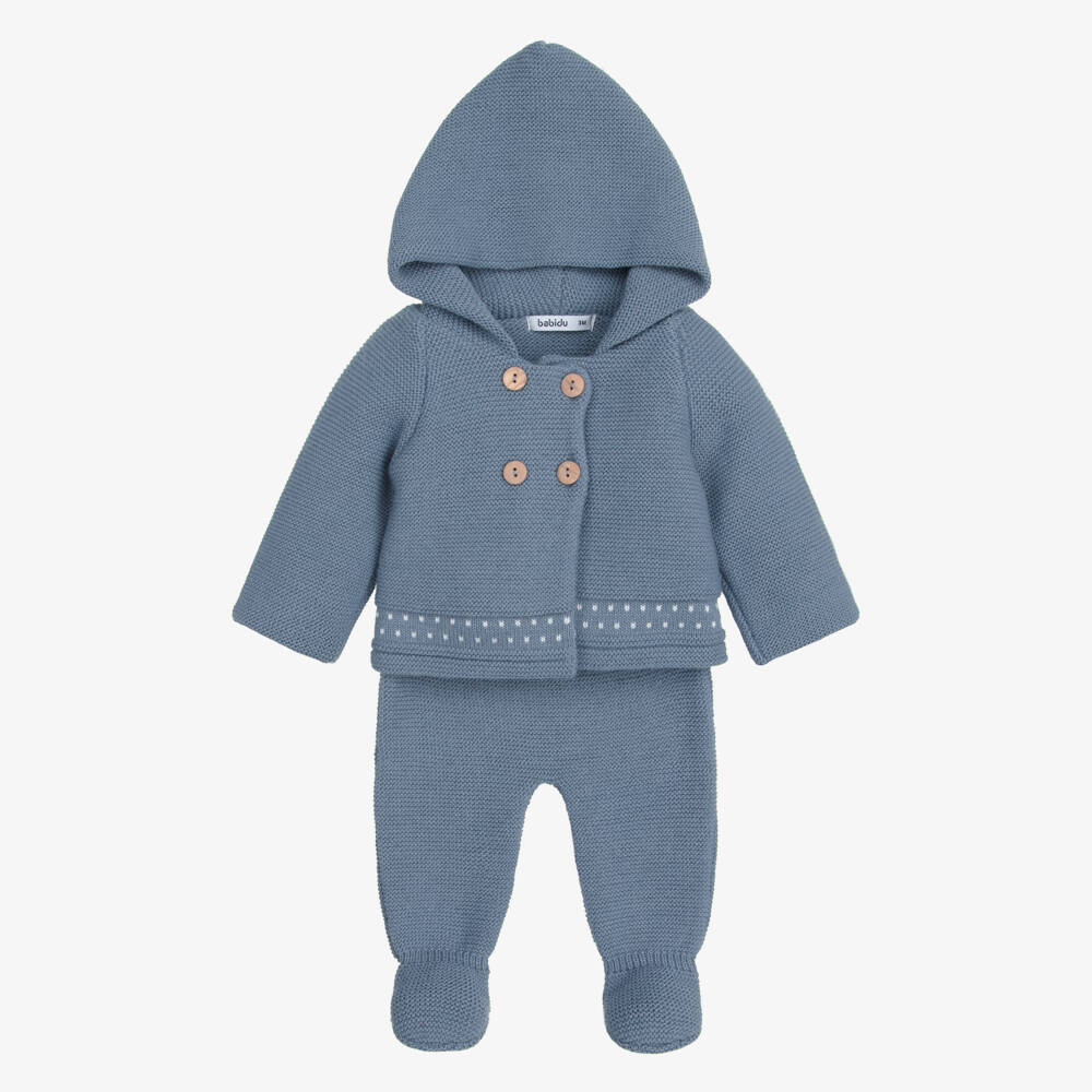 Babidu-Slate Blue Knitted Pram Coat & Bottoms Set | Childrensalon